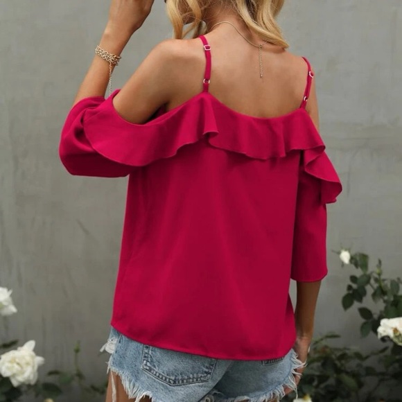 Boho ruffle hem cold shoulder top - Picture 8 of 15